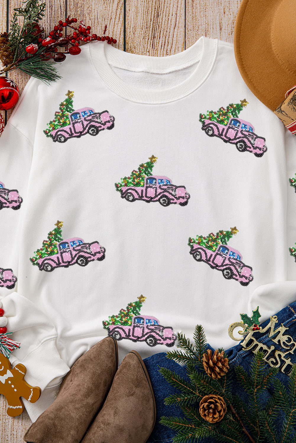 Beige Sequins A Truck of Christmas Tree Graphic Sweatshirt