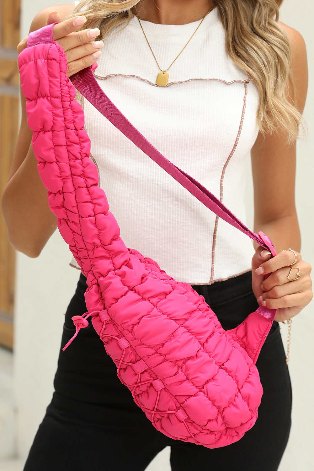 Bright Pink Marshmallow Quilted Drawstring Decor Crossbody Bag