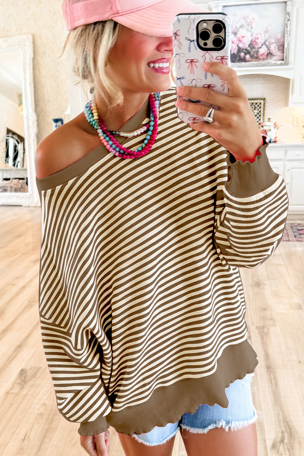 Brown Stripe Drop Shoulder Long Sleeve Top