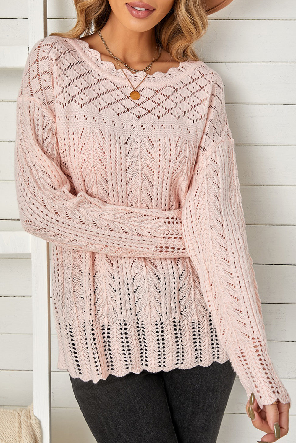 Pink Solid Casual Drop Shoulder Knit Sweater