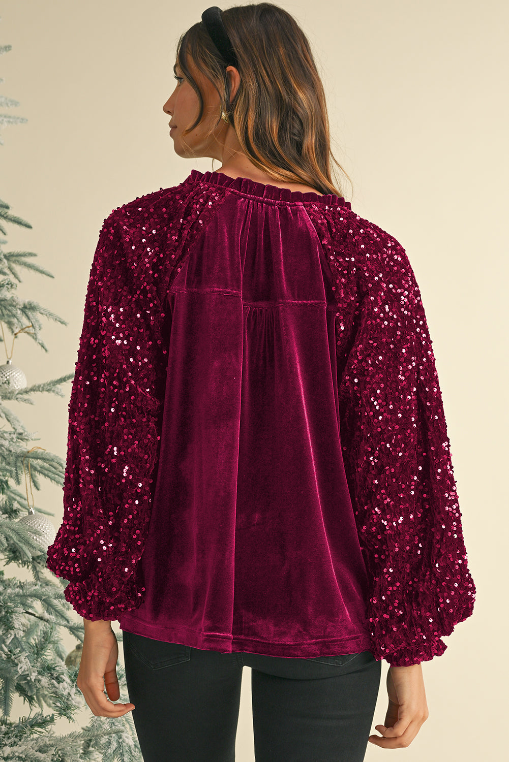 Evergreen Velvet Sequin Patchwork Sleeve Button Up Blouse