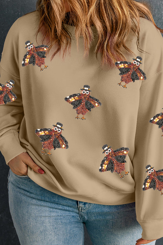 Apricot Sequins Turkey Round Neck Plus Size Sweatshirt