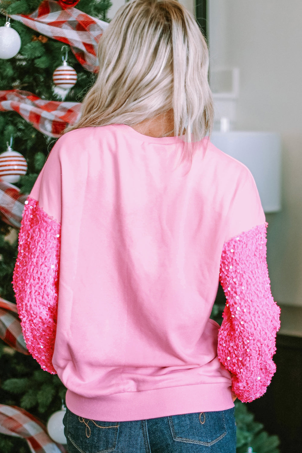 Pink Santa Claus Sequin Sleeve Crewneck Sweatshirt