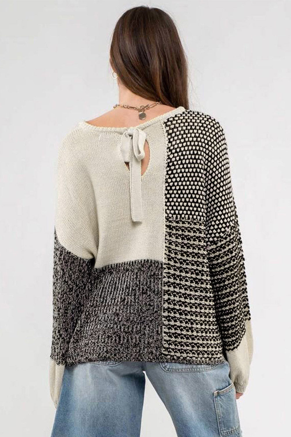 Pink Colorblock Tie Back Drop Shoulder Knit Sweater