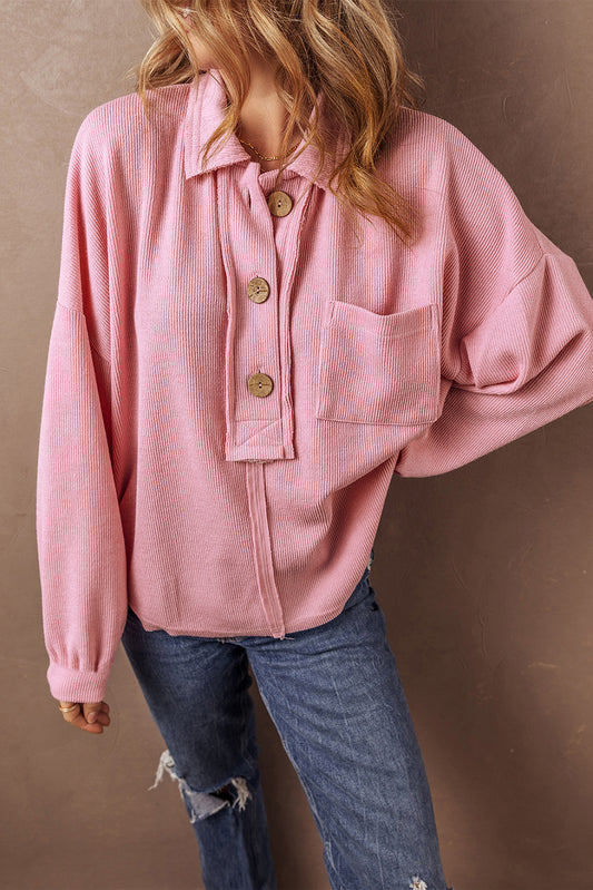 Pink Chest Pocket Ribbed Collared Henley Top