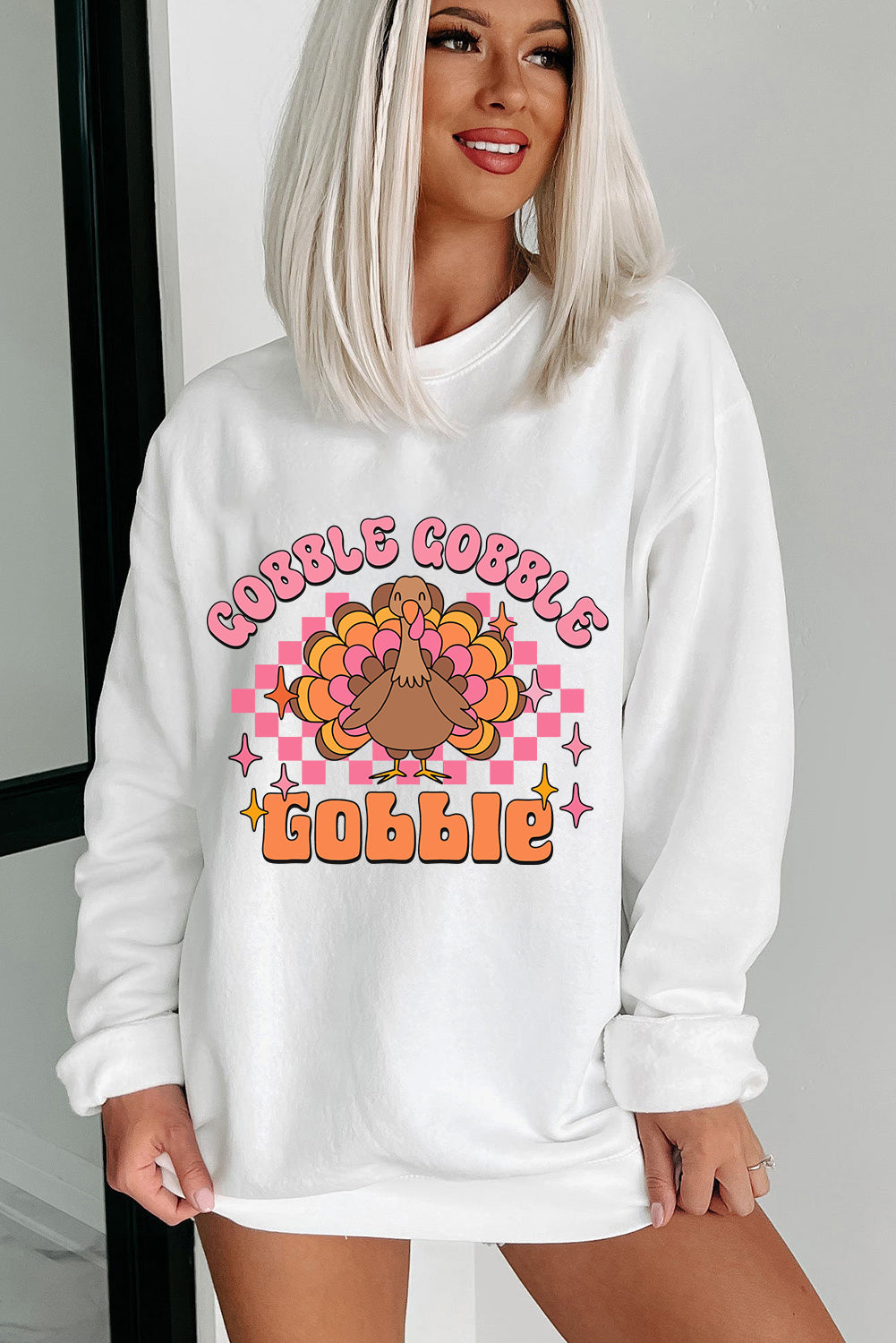 White Gobble Gobble Turkey Thanksgiving Graphic Sweatshirt