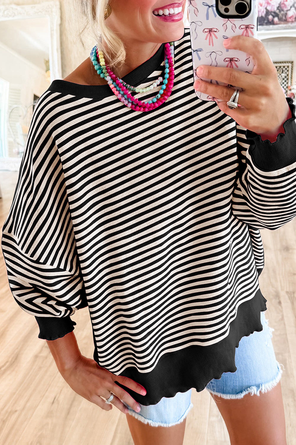 Green Stripe Drop Shoulder Long Sleeve Top