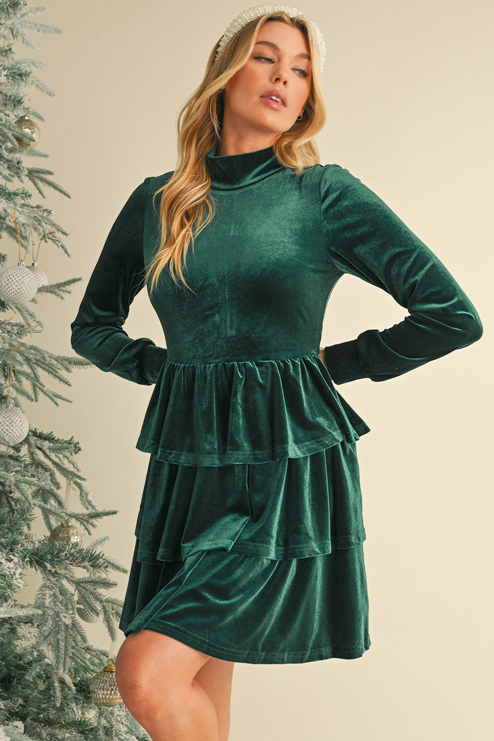 Evergreen Velvet High Neck Tiered Ruffle Mini Dress