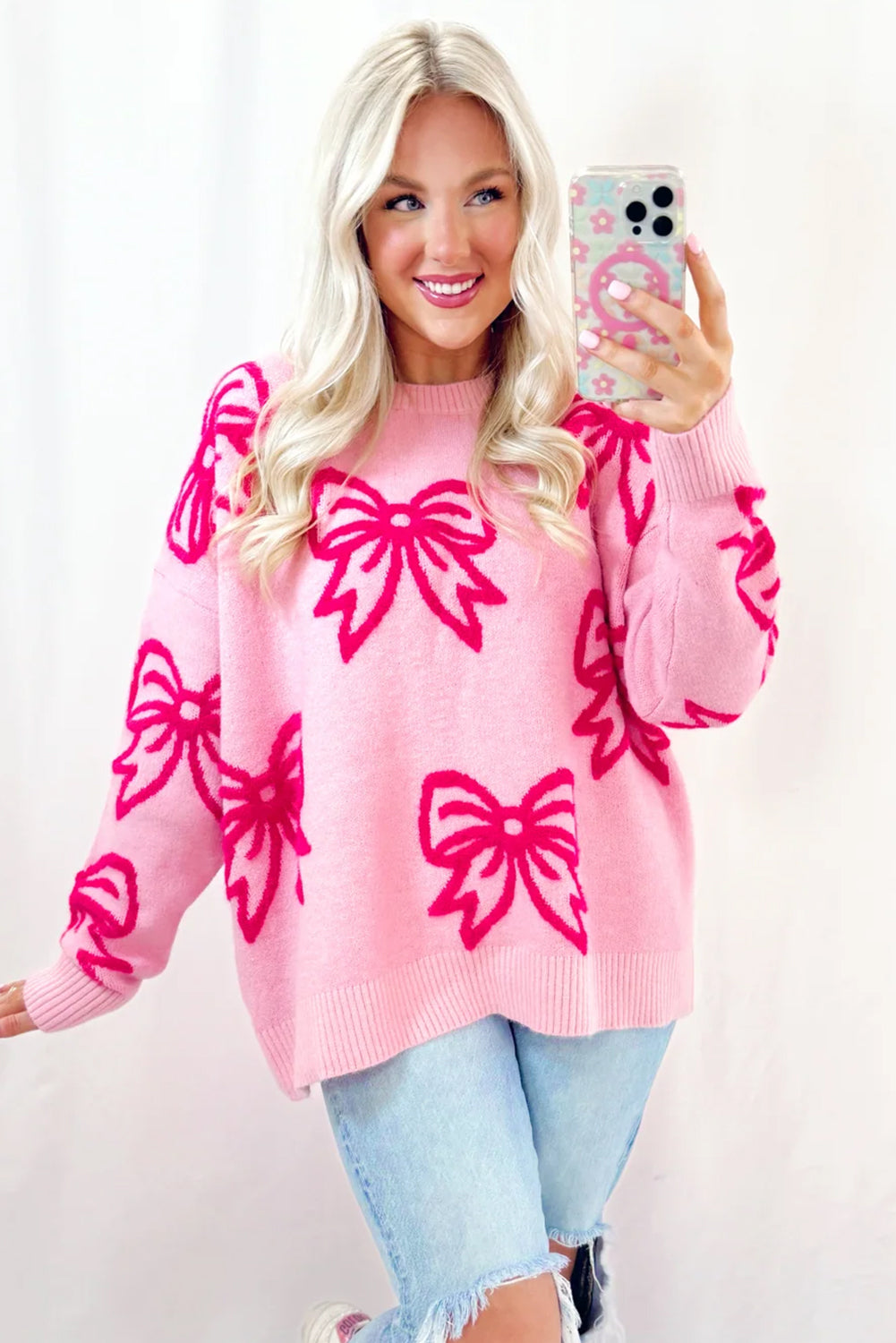 Pink Bow Pattern Drop Sleeve Loose Sweater