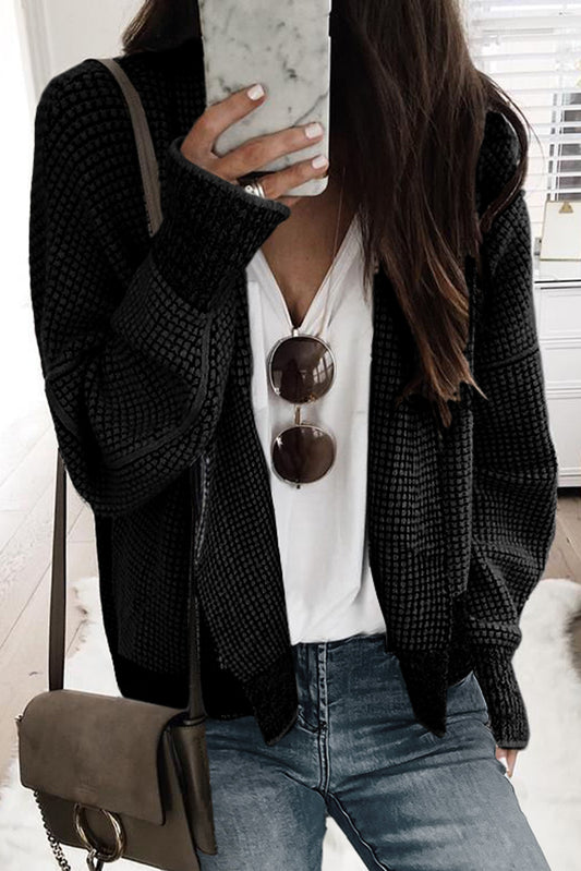 Black Plaid Contrast Trim Open Front Cardigan