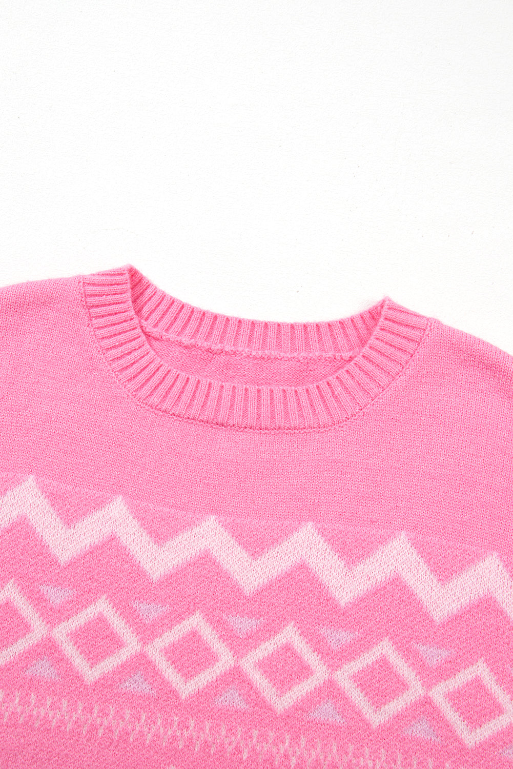 Pink Geometric Pattern Round Neck Drop Shoulder Sweater