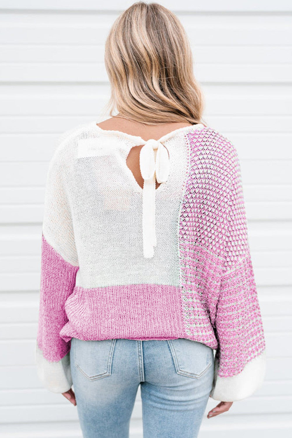 Pink Colorblock Tie Back Drop Shoulder Knit Sweater