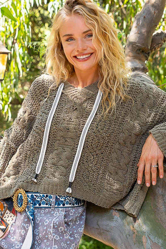 Oversize fit v-neck hooded cable knit chenille sweater