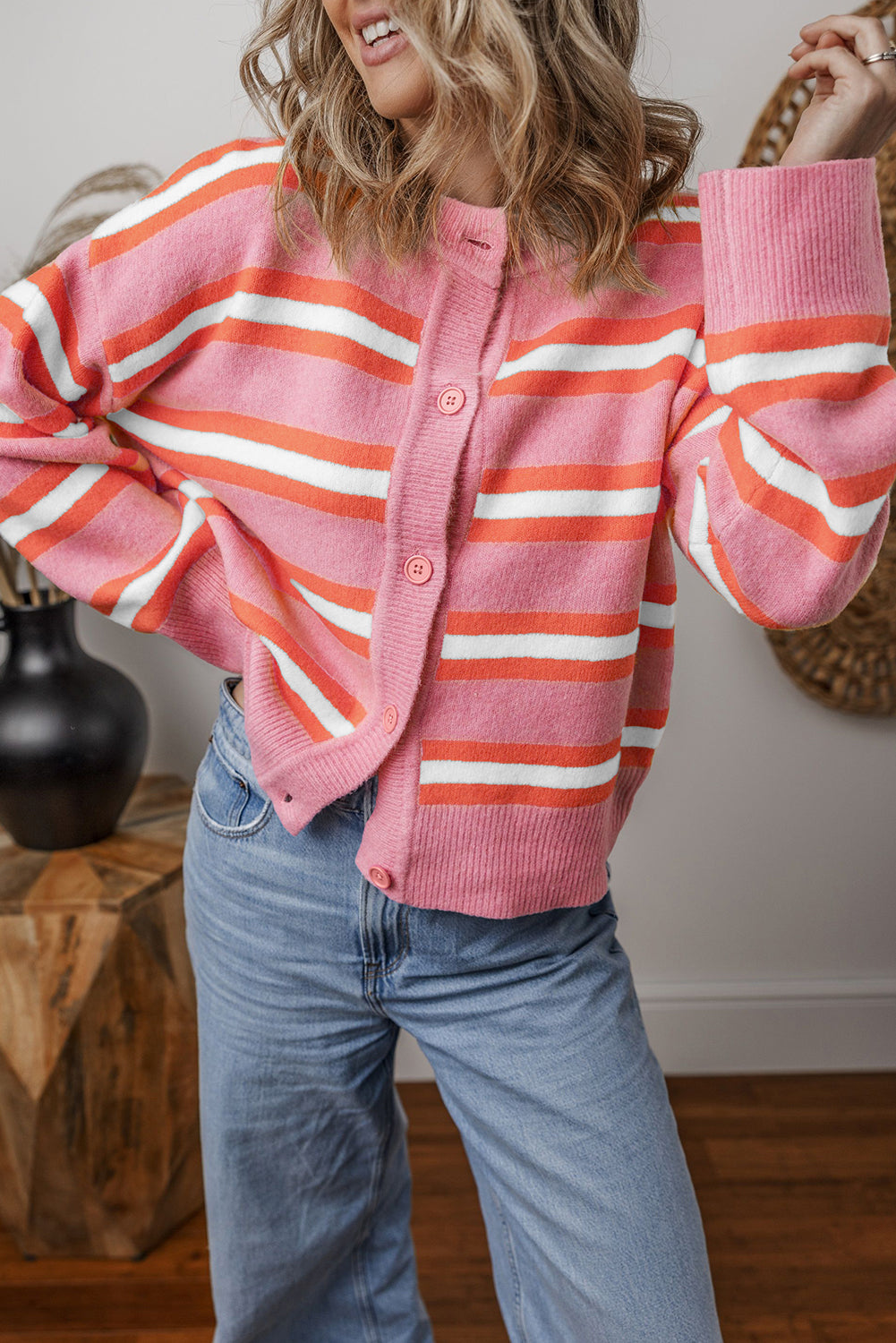 Pink Stripe Drop Shoulder Buttons Cardigan Sweater