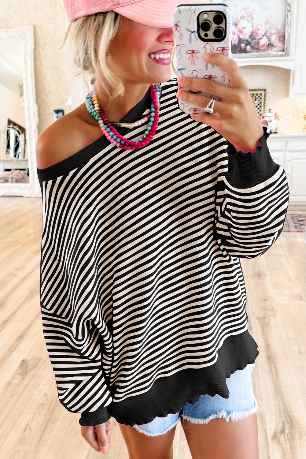 Green Stripe Drop Shoulder Long Sleeve Top