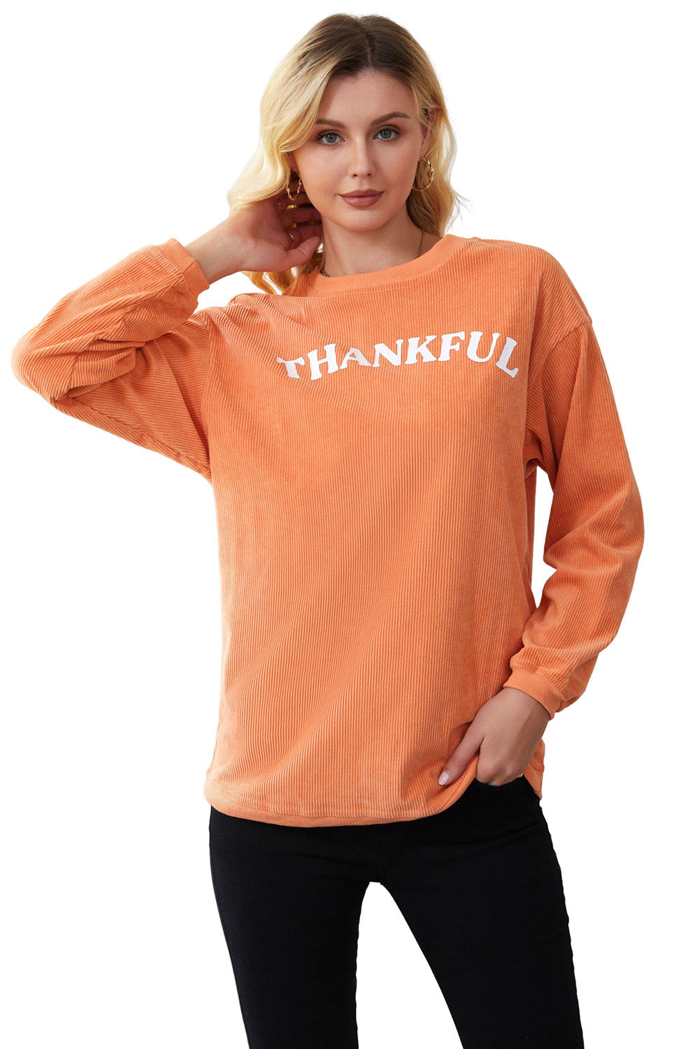 Orange-3 THANKFUL Letter Graphic Corded Sweatshirt