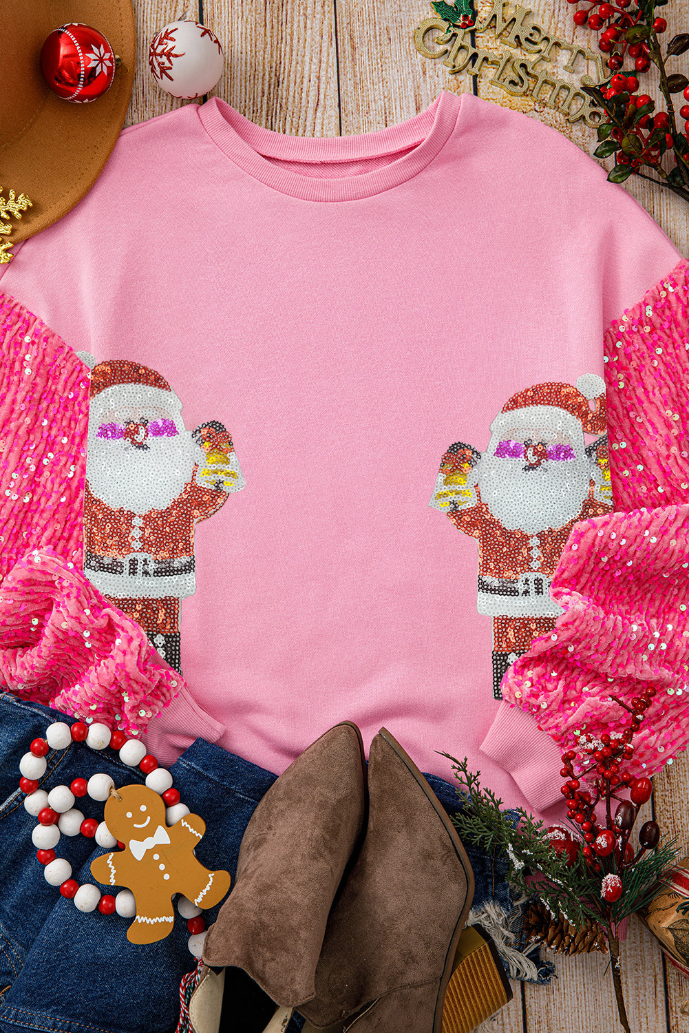 Pink Santa Claus Sequin Sleeve Crewneck Sweatshirt