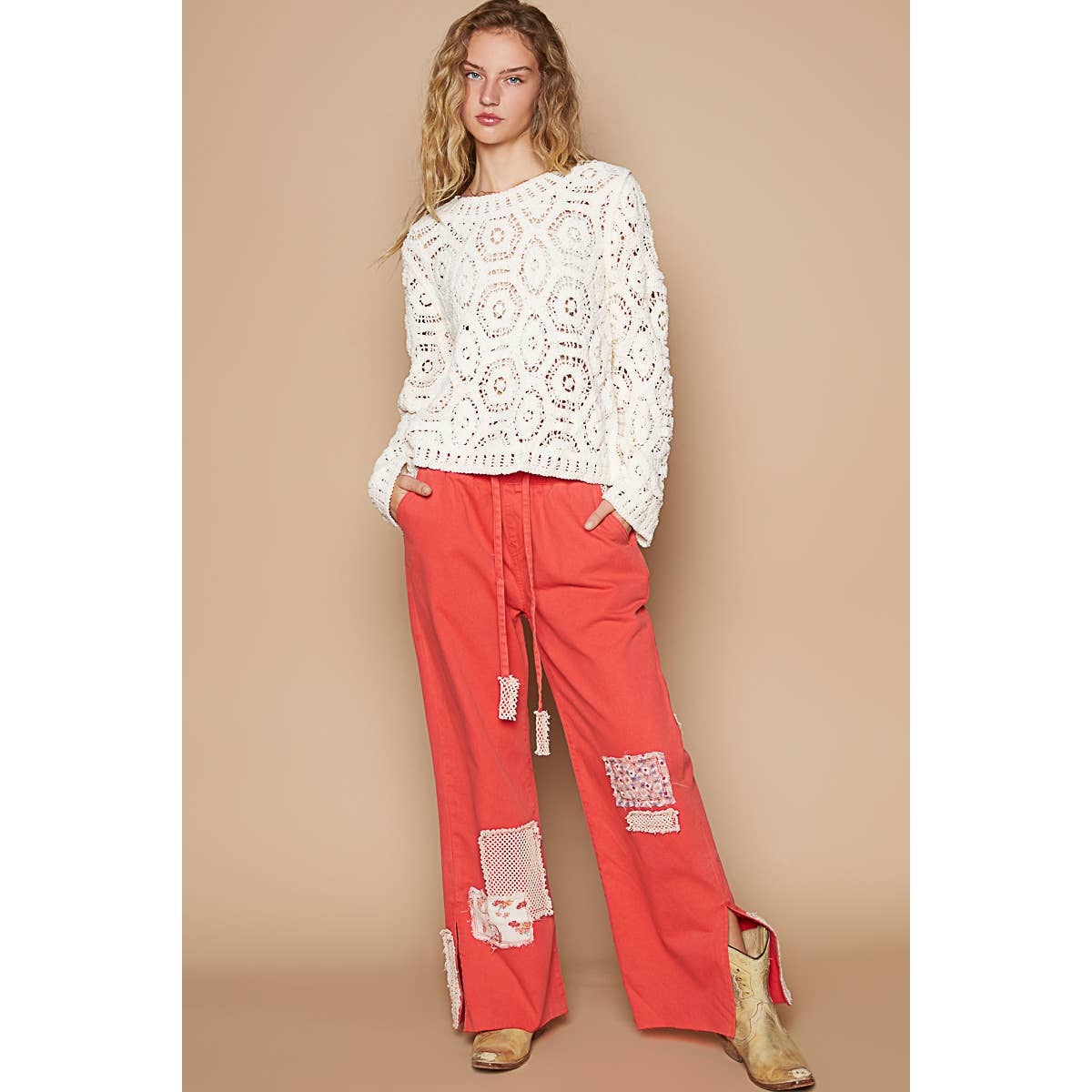 POL Round neck open knitted crochet solid sweater