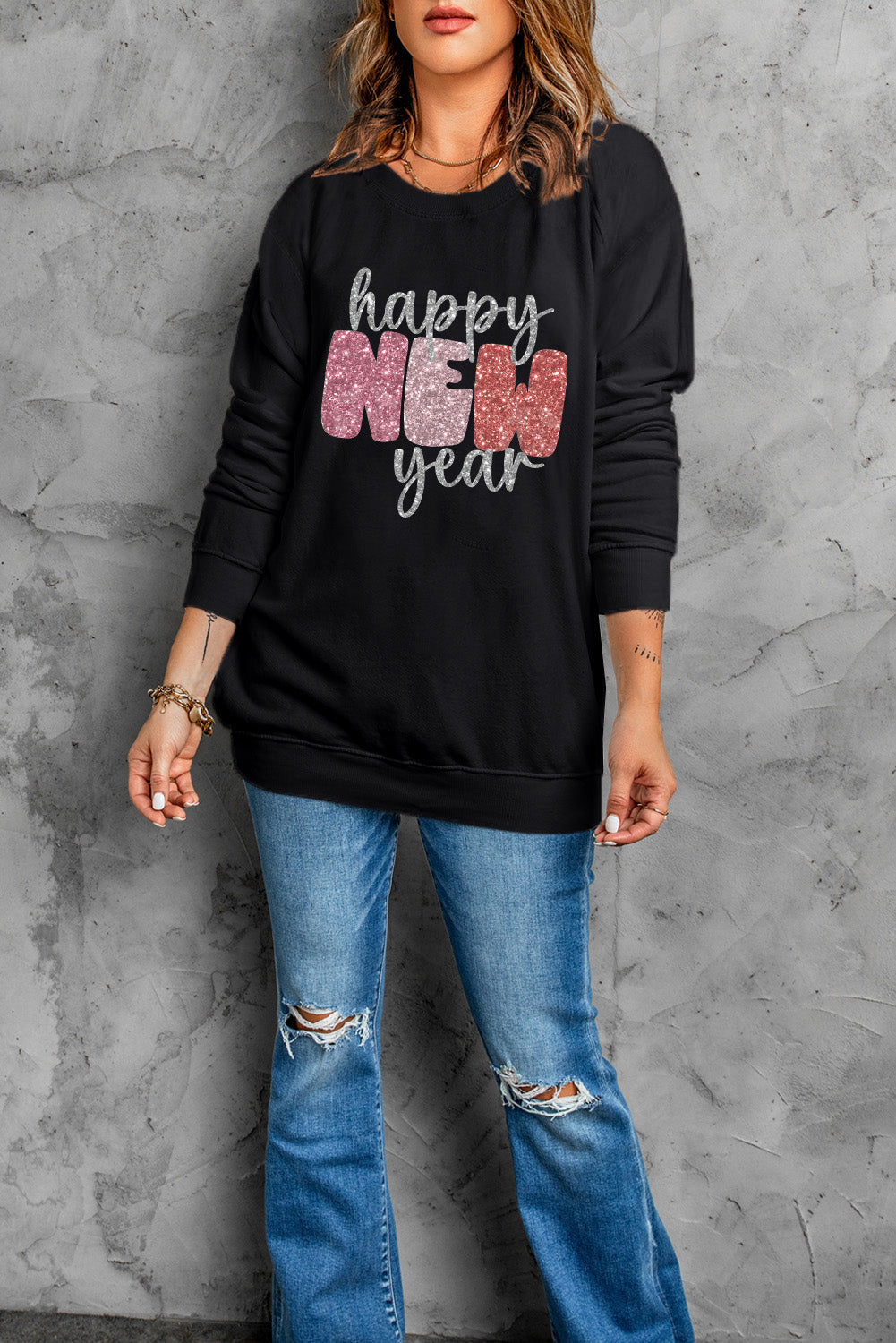 Black Happy New Year Graphic Sweatshirt