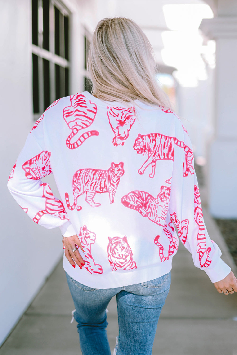 Bright White Pink Animal Print Pullover Sweatshirt