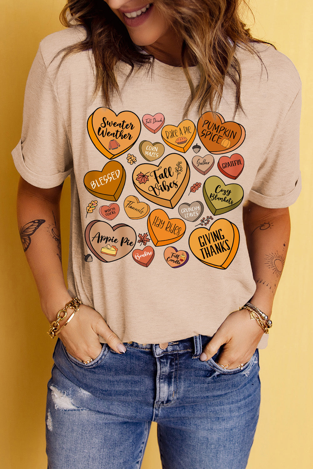 Khaki Thanksgiving Candy Heart Letter Graphic Round Neck Tee