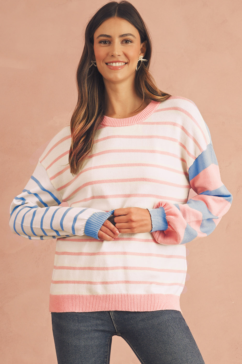 Pale Chestnut Striped Colorblock Pullover Sweater