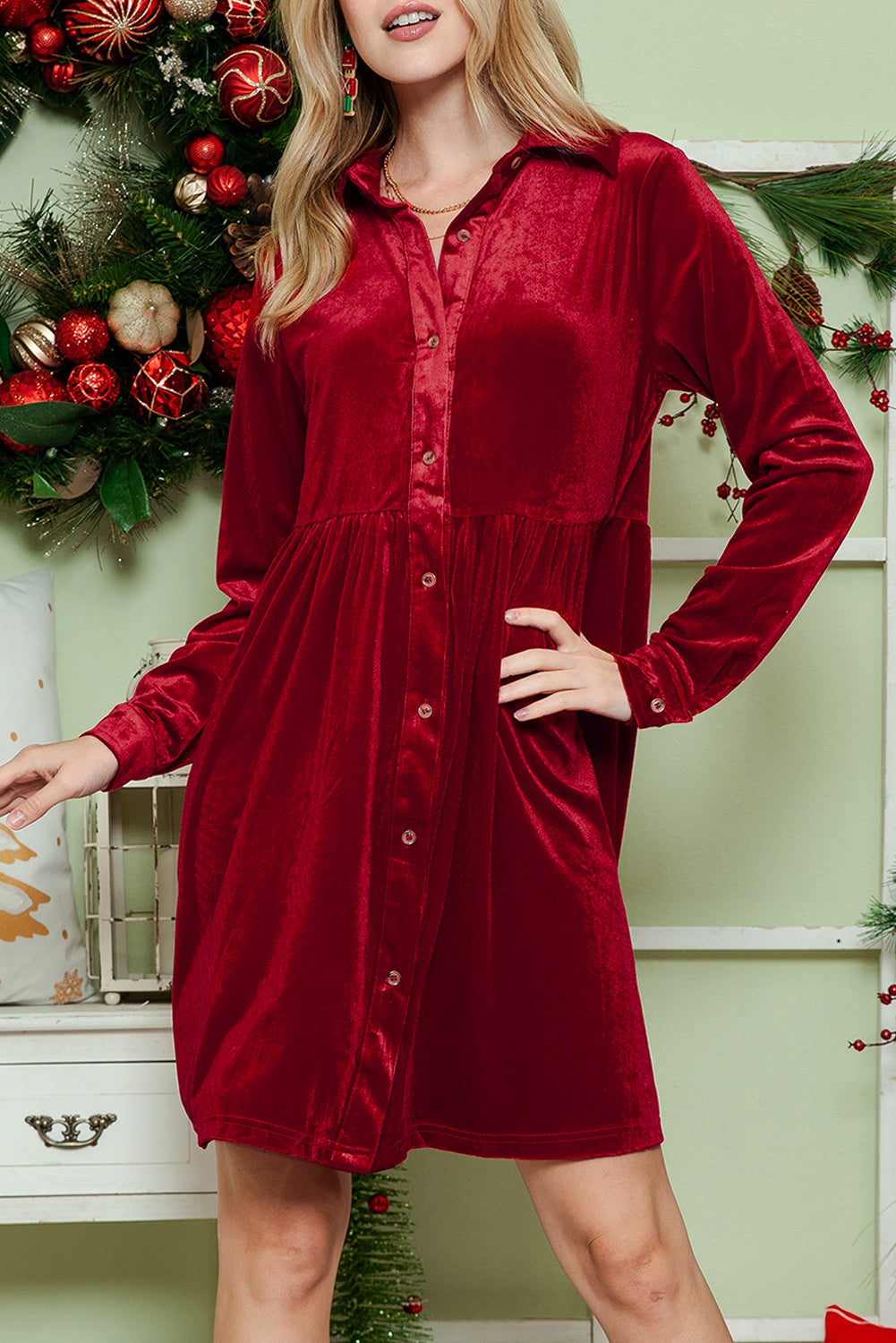 Red Long Sleeve Ruffle Velvet Button Up Shirt Dress