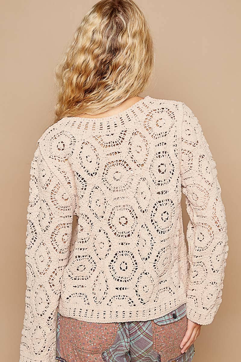 POL Round neck open knitted crochet solid sweater
