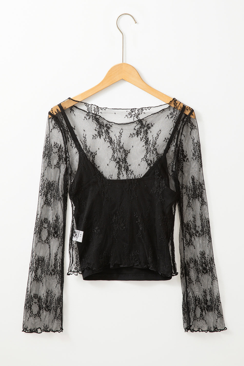 Black Lace Mesh Crochet Splicing Slim Fit Long Sleeve Blouse