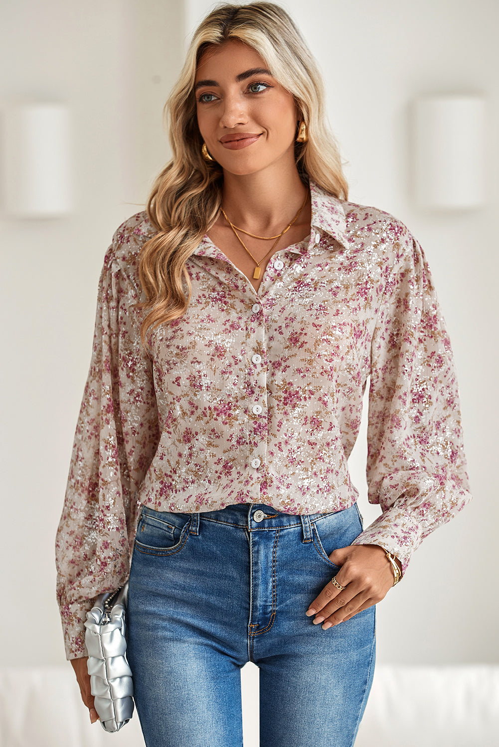 Pink Ditsy Floral Print Bishop Sleeve Collared V Neck Shirt