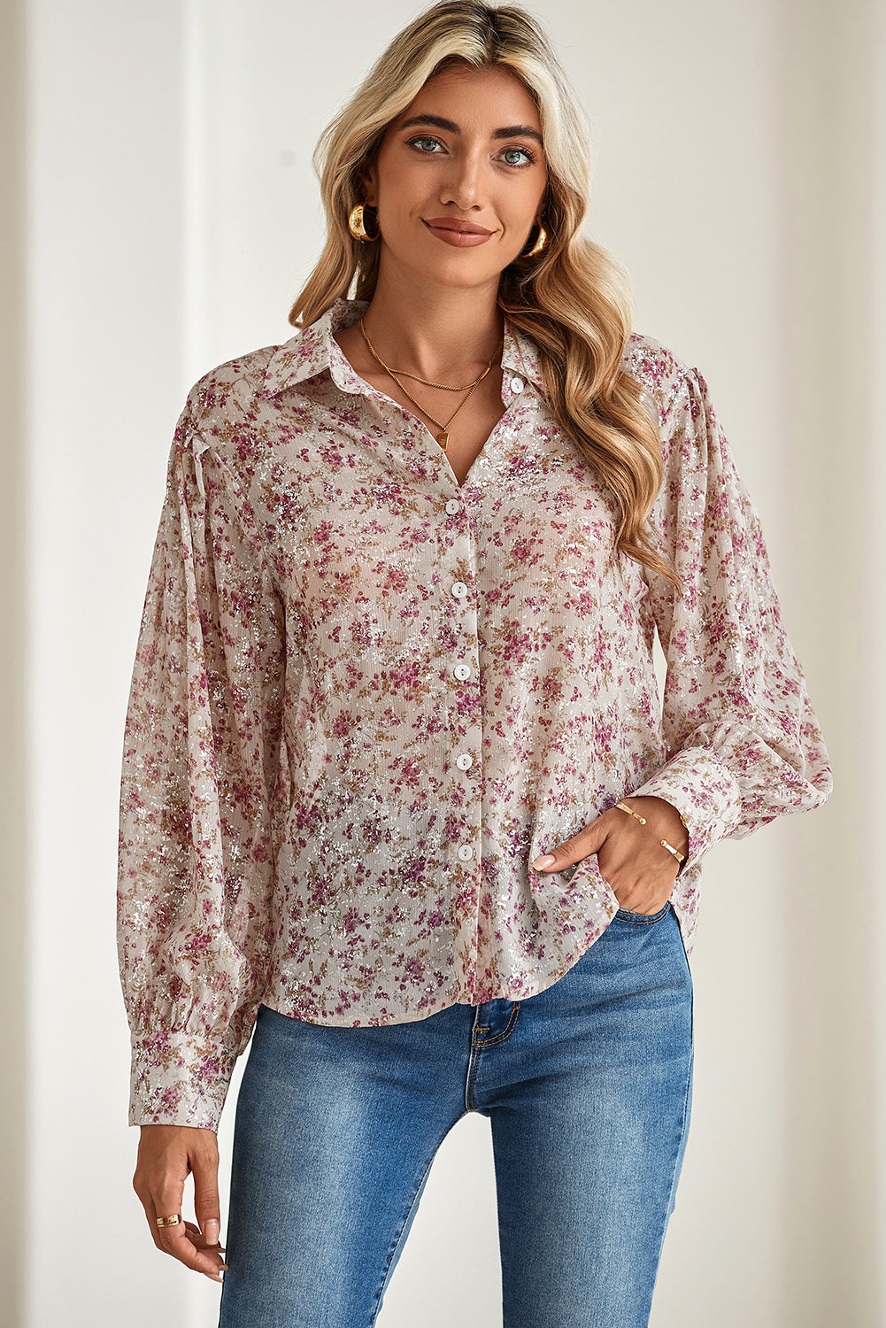 Pink Ditsy Floral Print Bishop Sleeve Collared V Neck Shirt