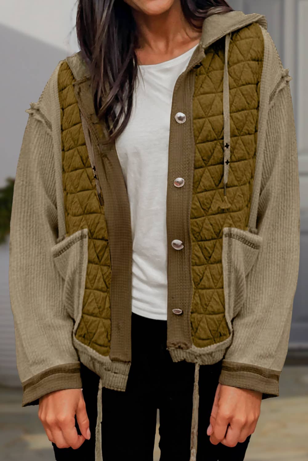 Quilted Textured Patchwork Hooded Jacket | White/Cream