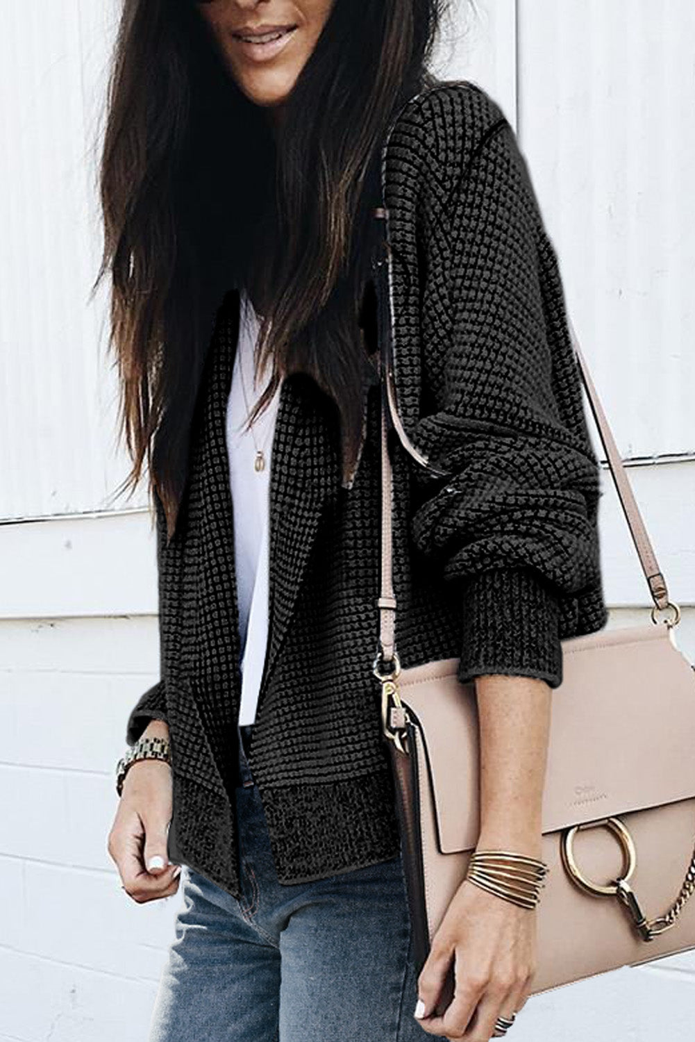 Black Plaid Contrast Trim Open Front Cardigan