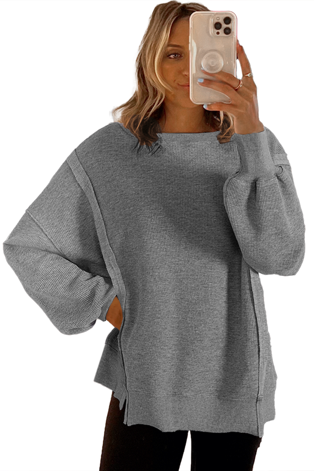 Pink Waffle Bishop Sleeve Split Oversized Sweatshirt