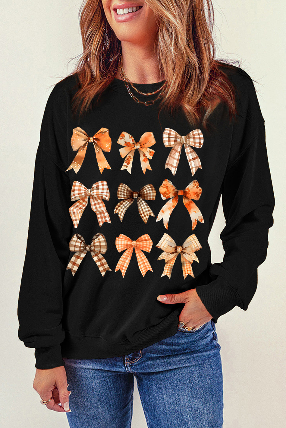 Black Plaid Bowknot Graphic Round Neck Sweatshirt