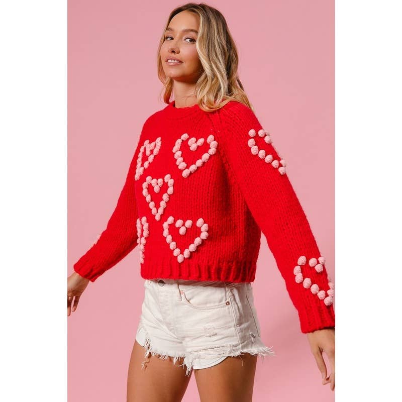 POM POM HEART TEXTUREED VALENTINE SWEATER