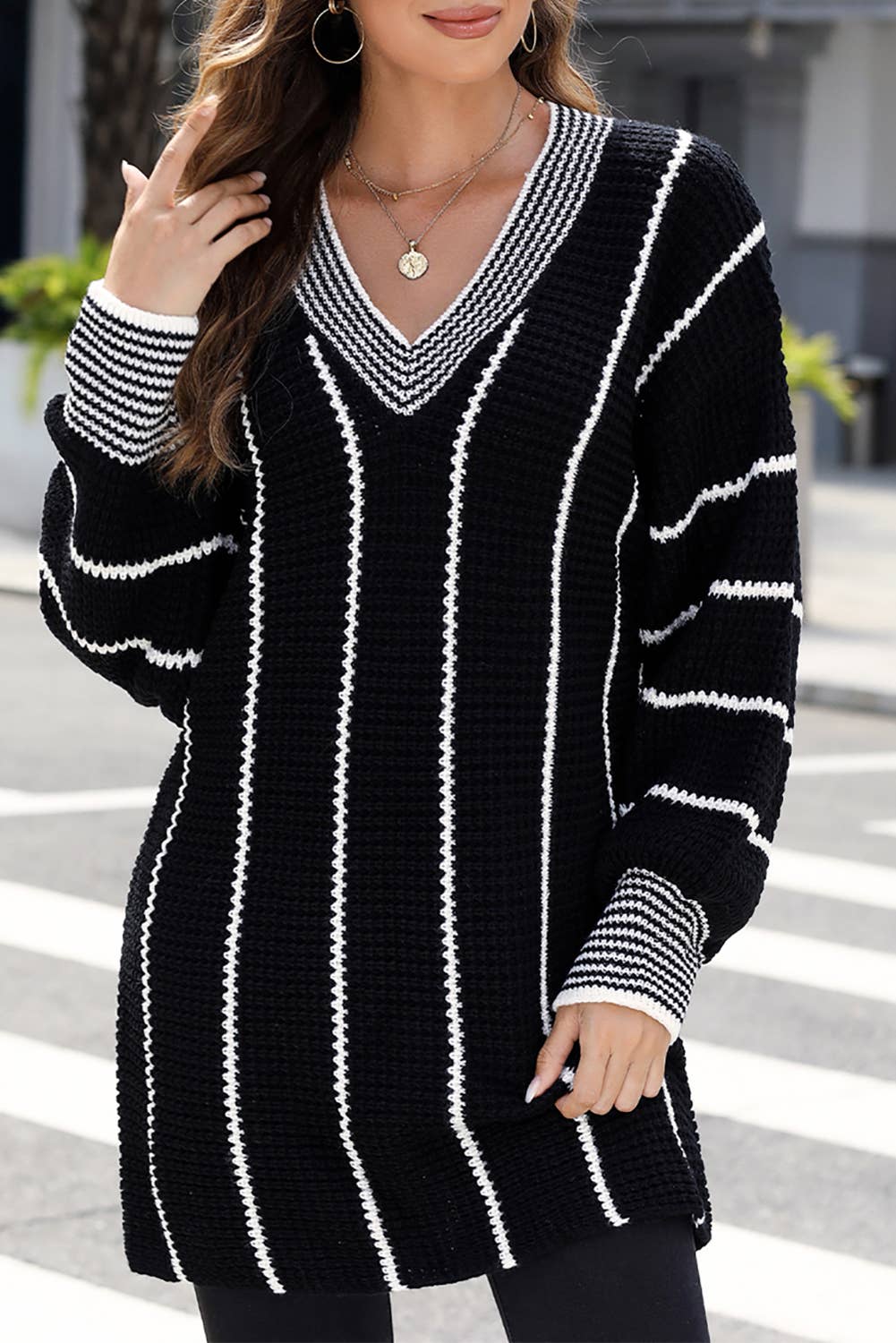 Oversized Striped V Neck Knit Sweater | S-2XL
