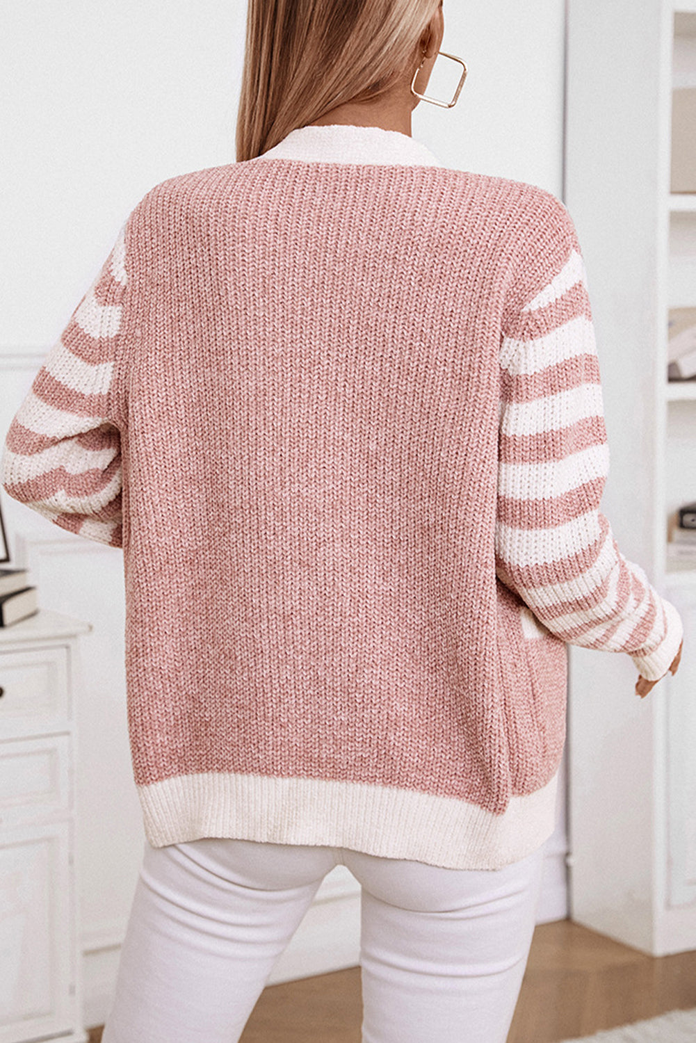 Gossamer Pink Striped V Neck Button Cardigan With Pocket