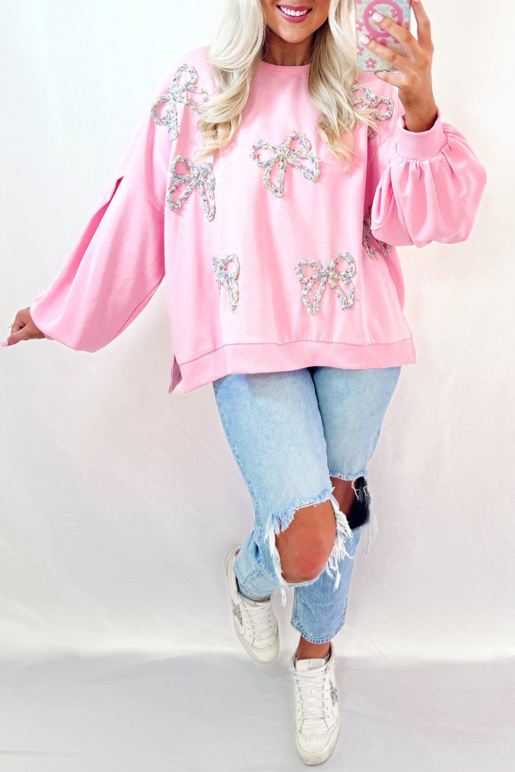 Parchment Sweet Bow Lantern Sleeve Oversized Pullover Sweatshirt