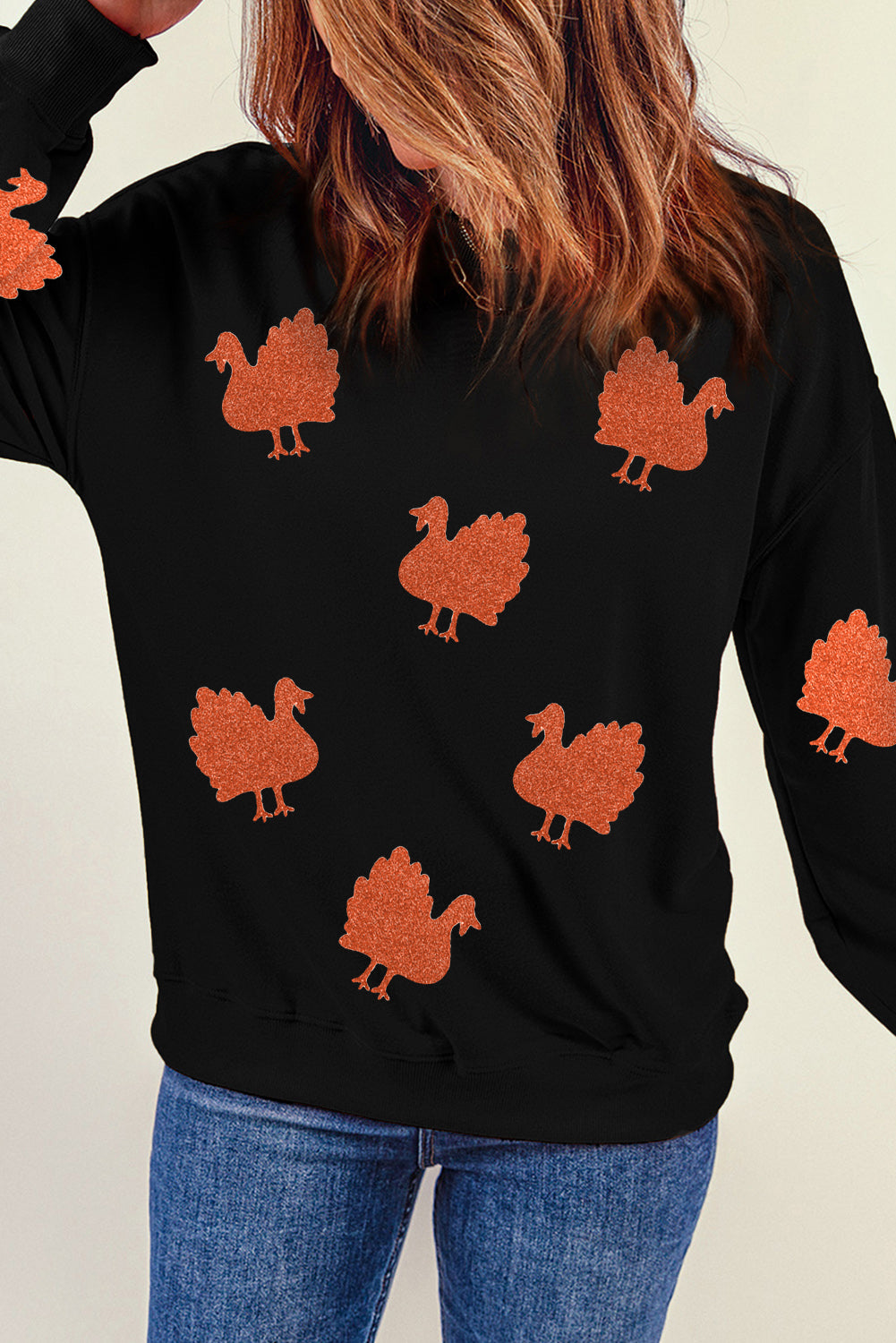 Black Glittering Turkey Graphic Drop Shoulder Thanksgiving Sweatshirt