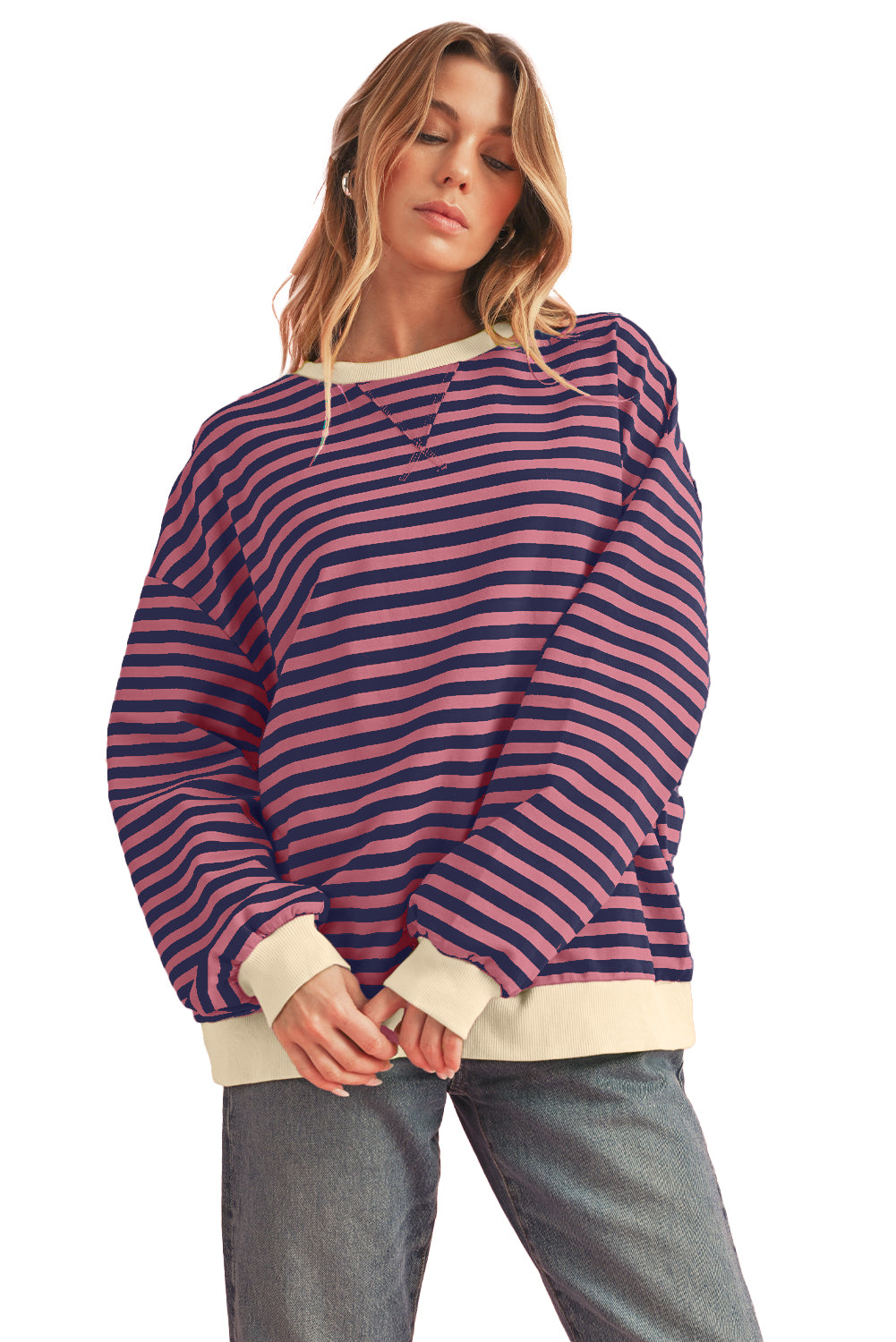 Blue Stripe Contrast Edge Cross Seam Oversized Pullover