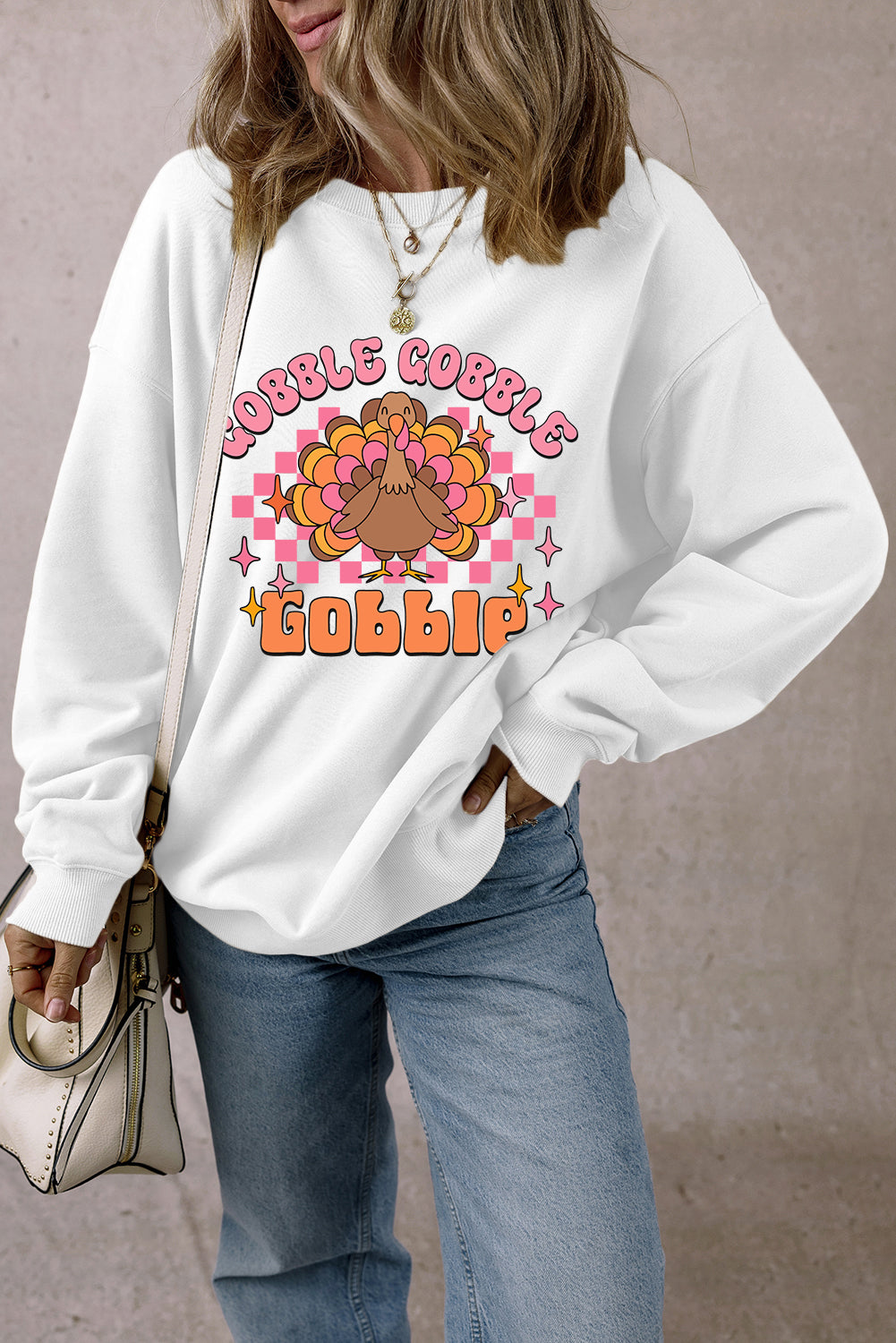 White Gobble Gobble Turkey Thanksgiving Graphic Sweatshirt