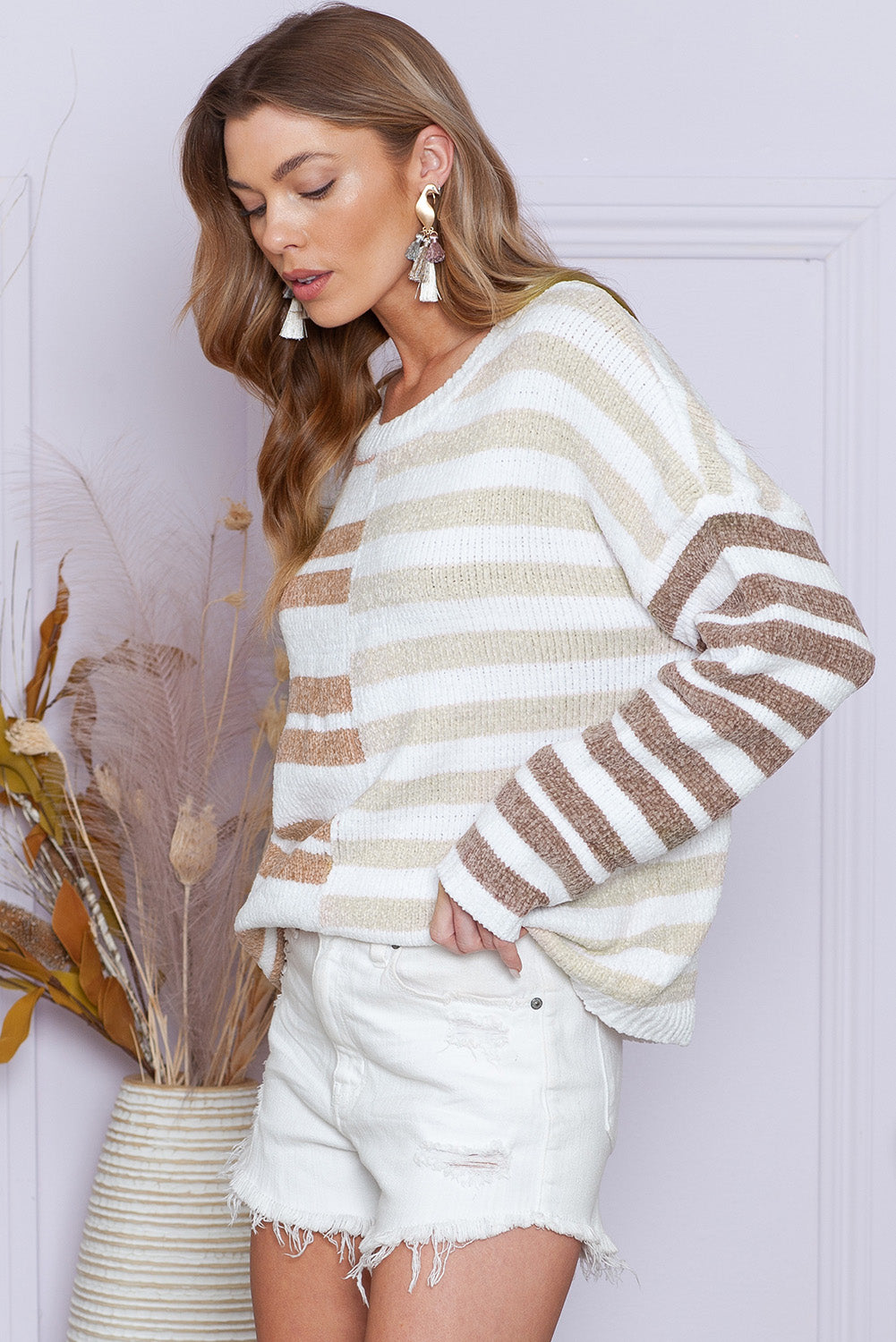 Color Block Drop Shoulder Pullover Striped Sweater