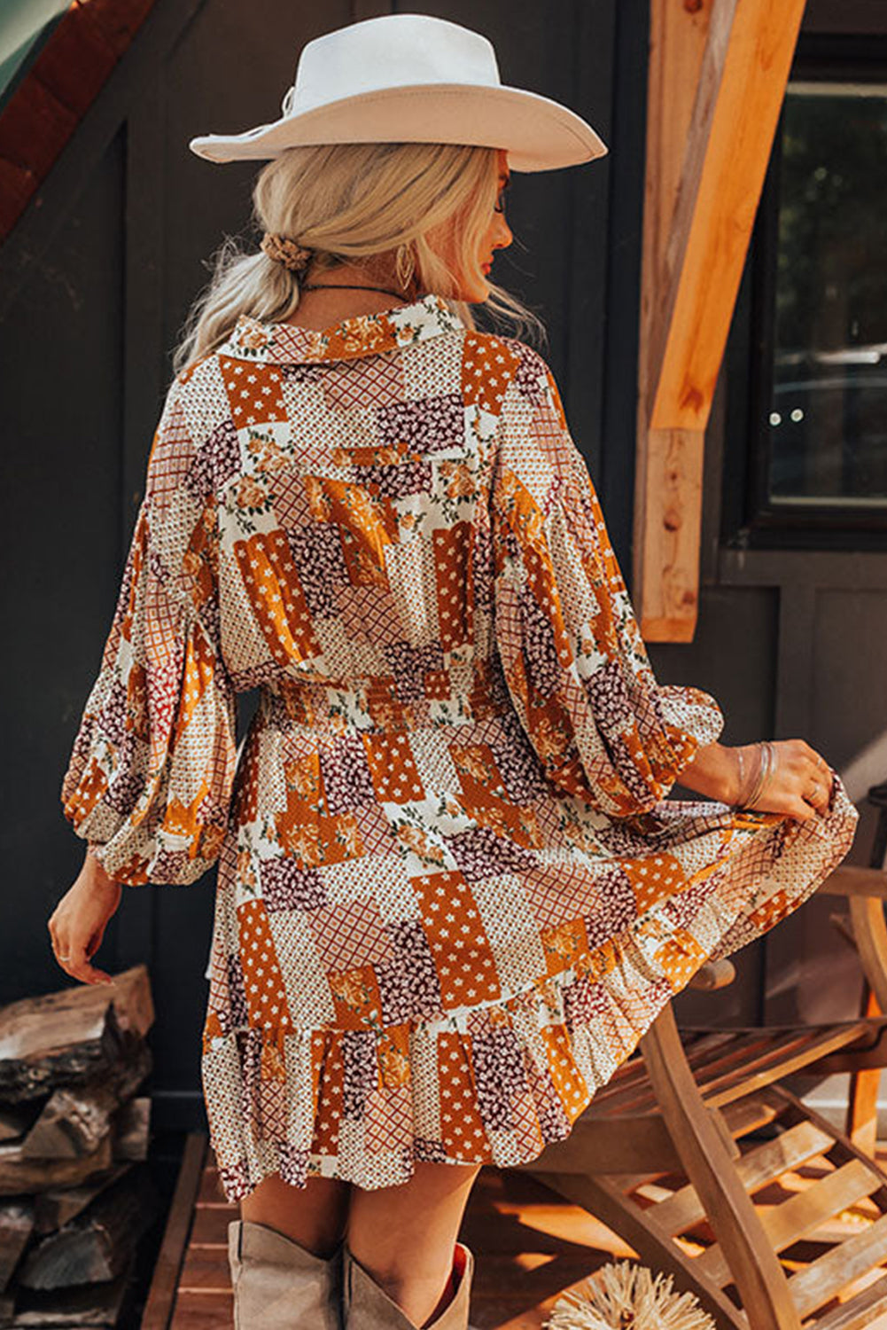 Orange Boho Floral Puff Sleeve Smocked Waist Mini Shirt Dress