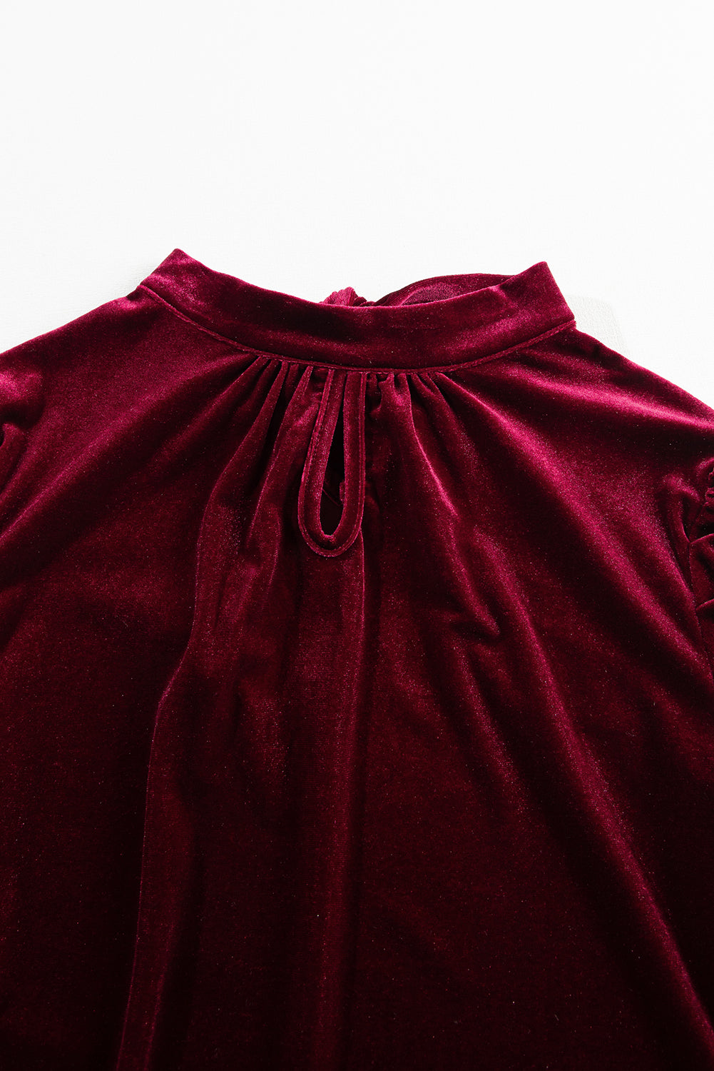 Red Mock Keyhole Neck Puff Sleeve Velvet Blouse