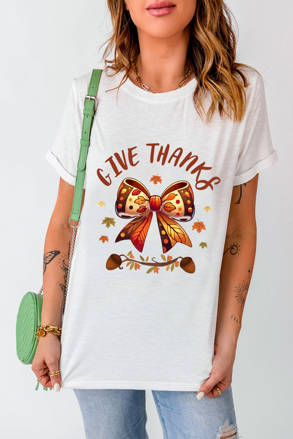 White GIVE THANKS Bowknot Thanksgiving Graphic Tee