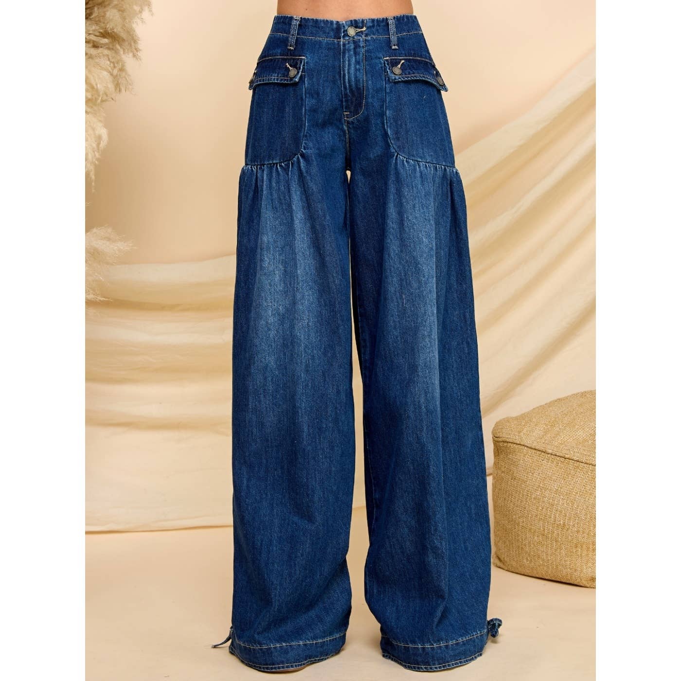 Oh My Genie Ankle Drawstring Wide Denim Pants