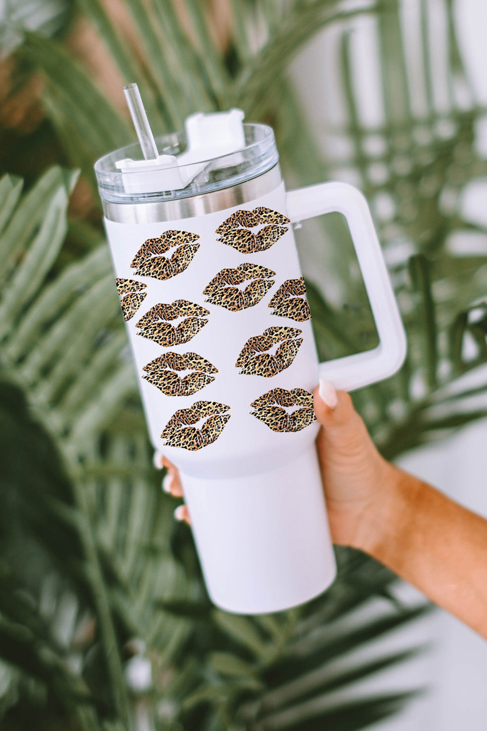 White Leopard Lips Print Thermos Cup with Straw 40oz