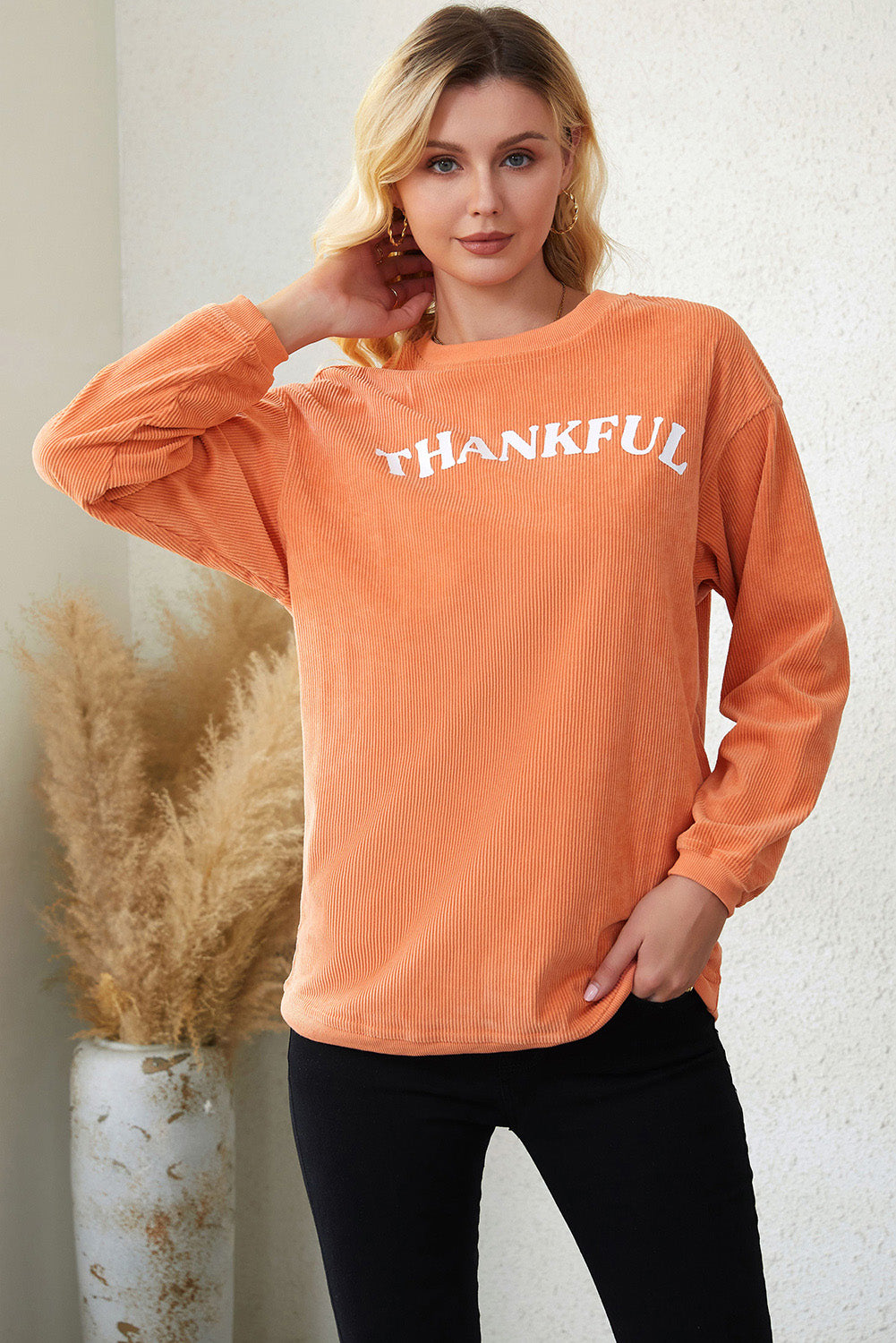 Orange-3 THANKFUL Letter Graphic Corded Sweatshirt