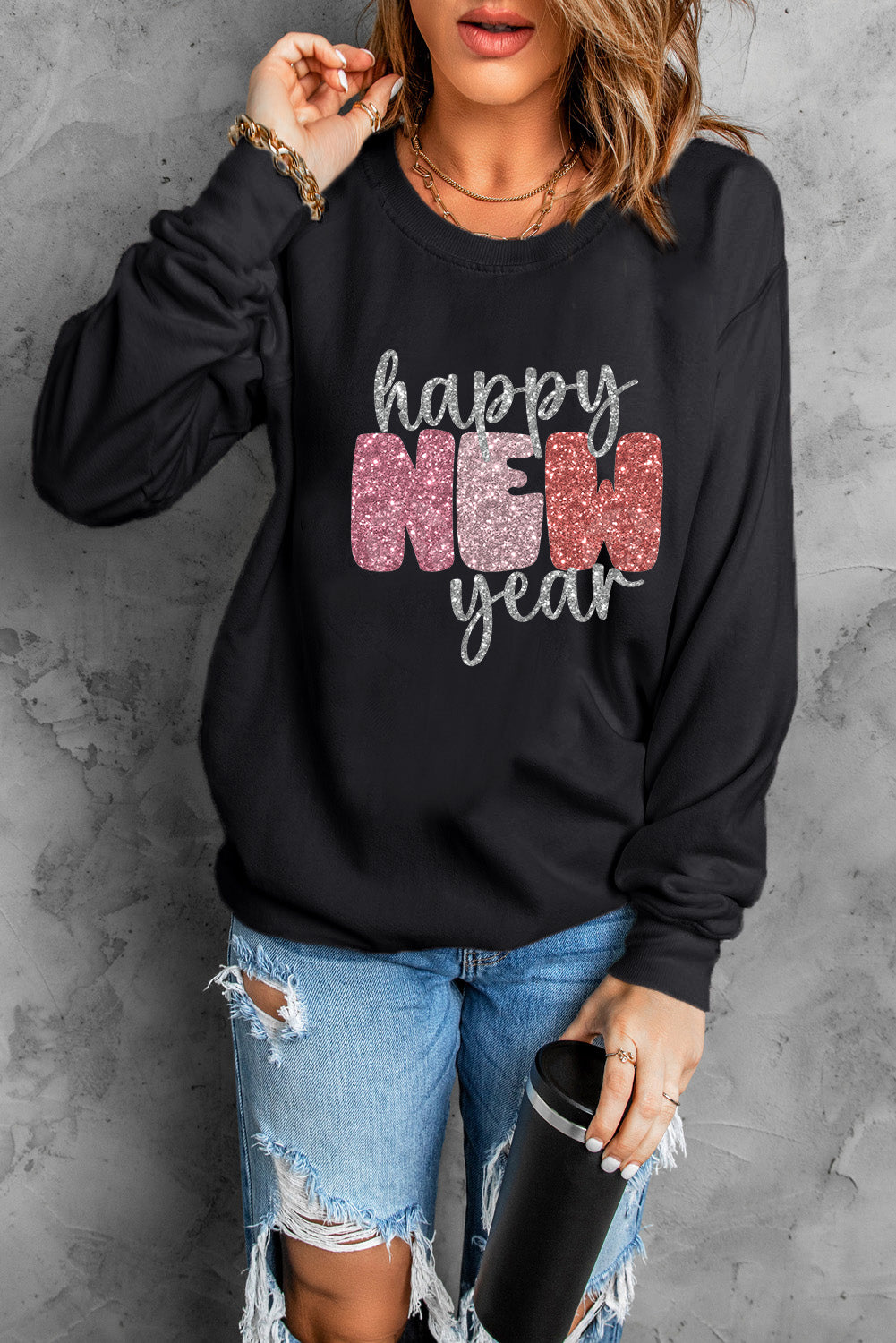 Black Happy New Year Graphic Sweatshirt